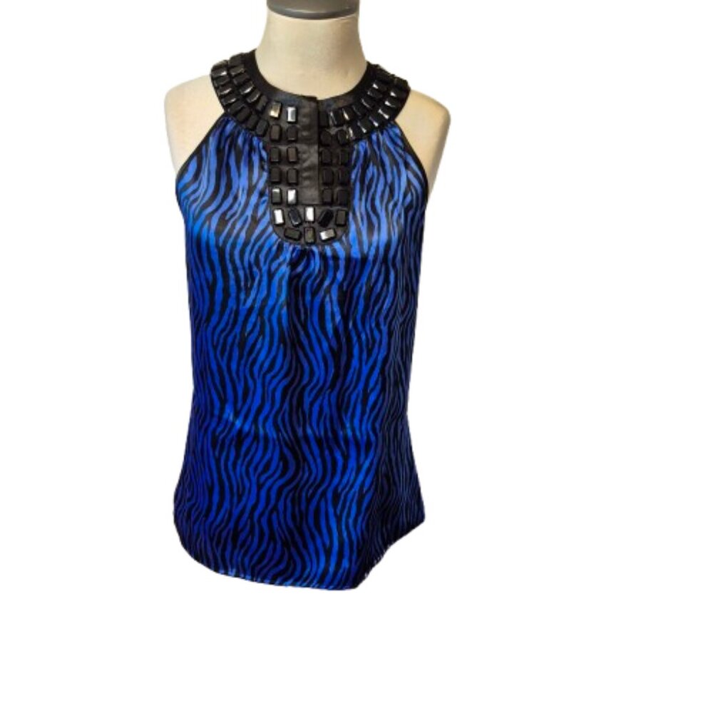 Michael Kors Blue and Black Satin Top with Black Stone Embellishment Size 6